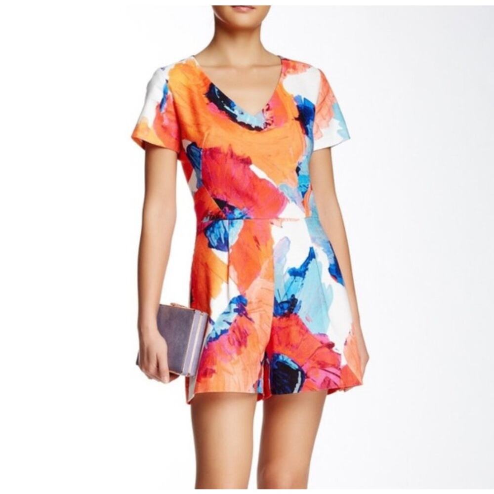 Trina Turk Orange, Blue & White Floral Print Romper